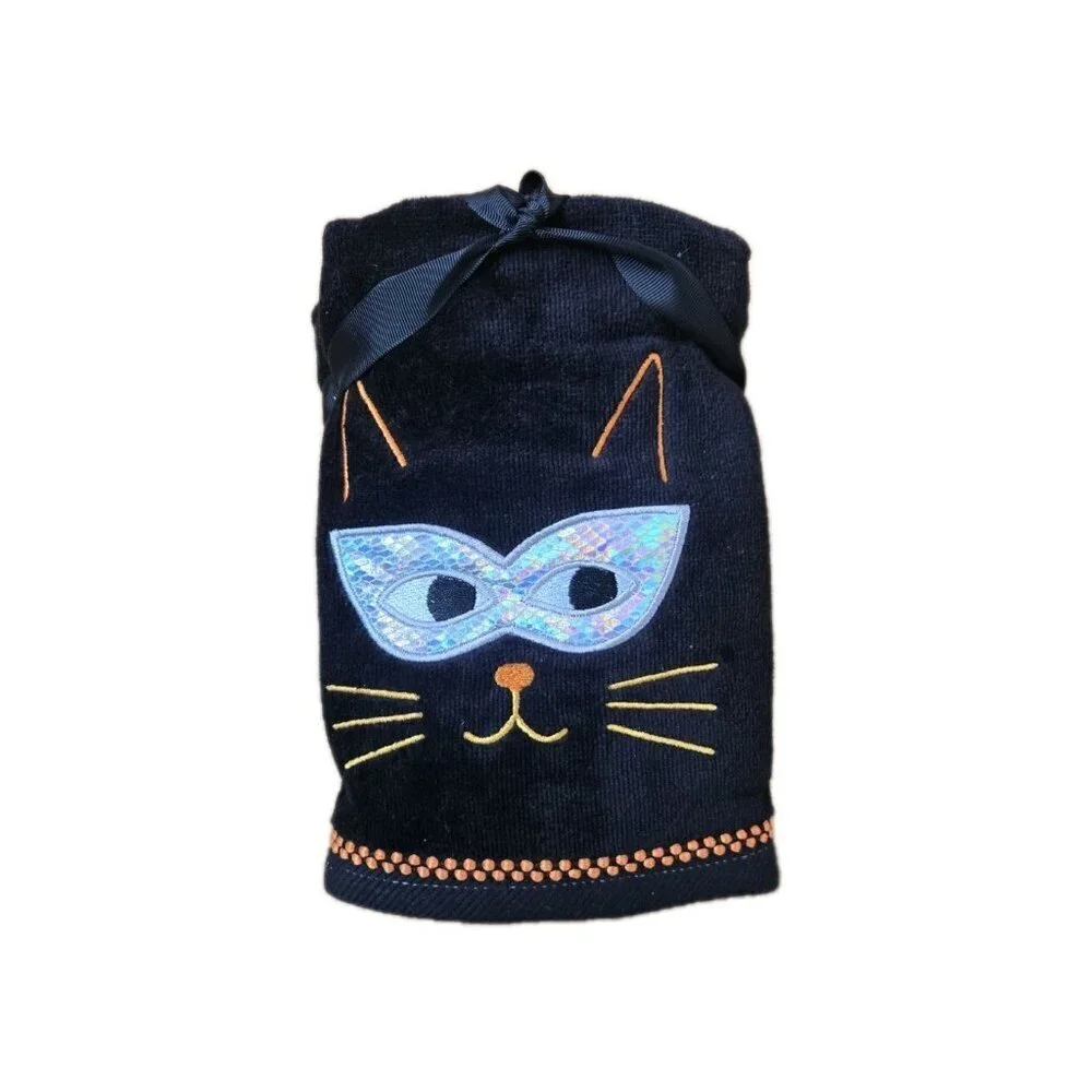 2 Black Orange Halloween Pumpkin Kitty Cat Hand Towels Cotton Embroidered